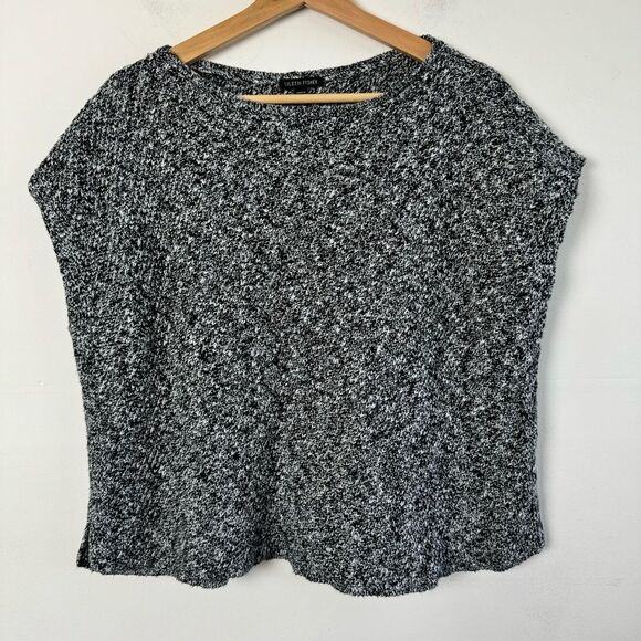 Eileen Fisher White Black Pointelle Linen Blend Bateau Neck Sweater Top Small - Picture 9 of 12